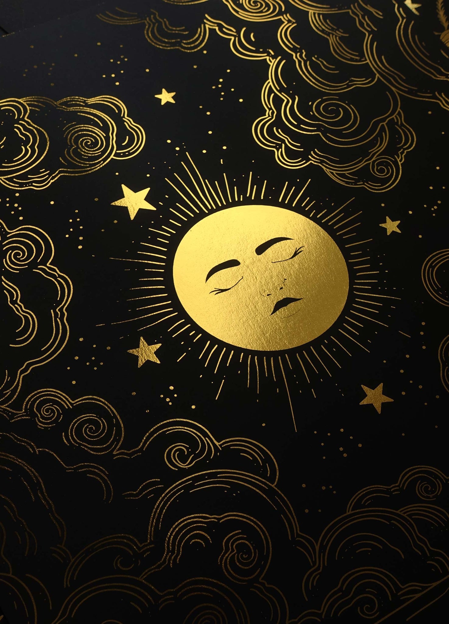 Full Moon glow n the night sky gold foil art print on black paper by Cocorrina & Co