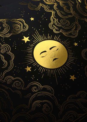 Full Moon glow n the night sky gold foil art print on black paper by Cocorrina & Co