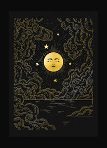 Full Moon glow n the night sky gold foil art print on black paper by Cocorrina & Co