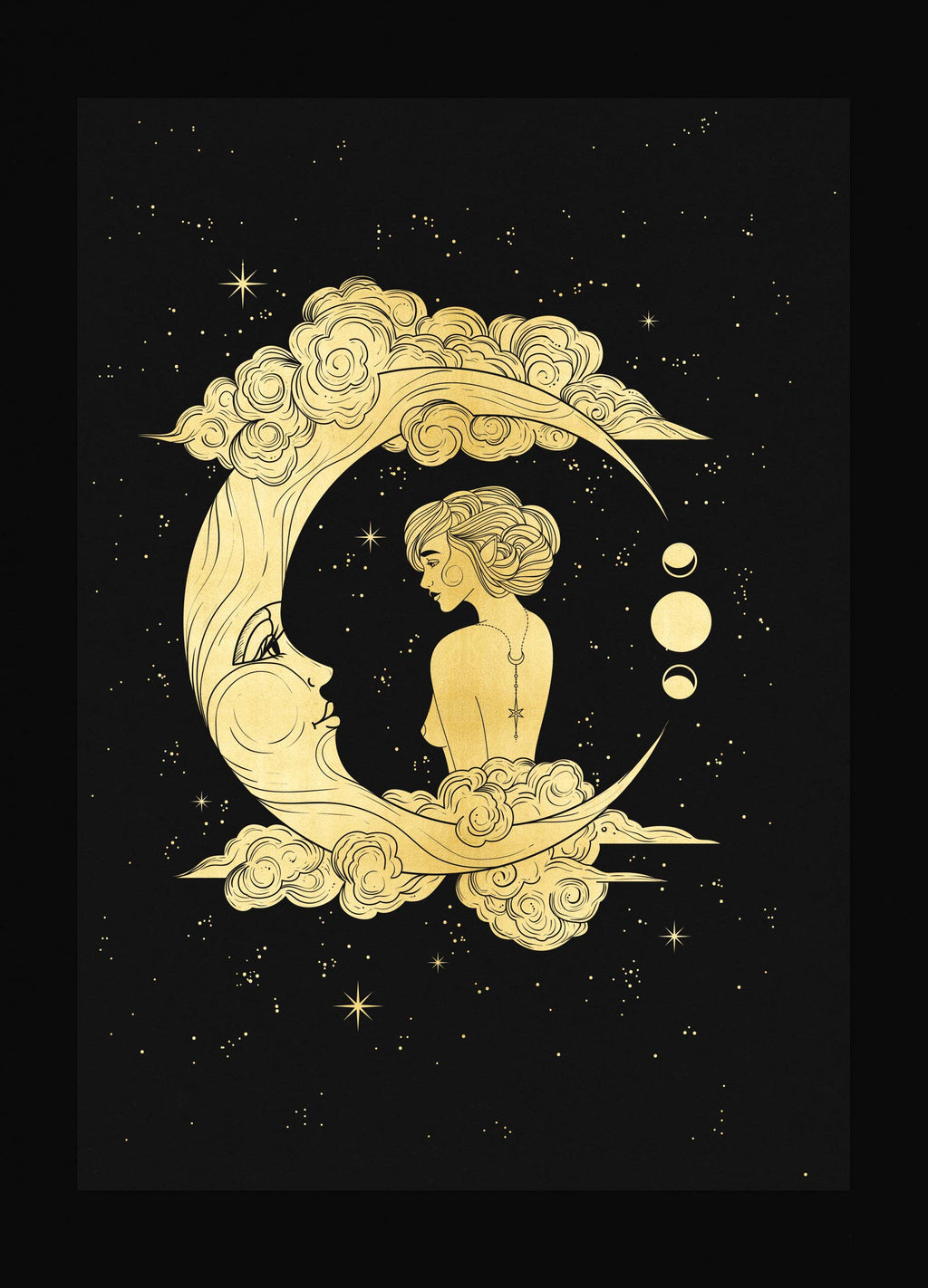 Moon Goddess gold foil art print on black paper by Cocorrina & Co Shop and Design Studio