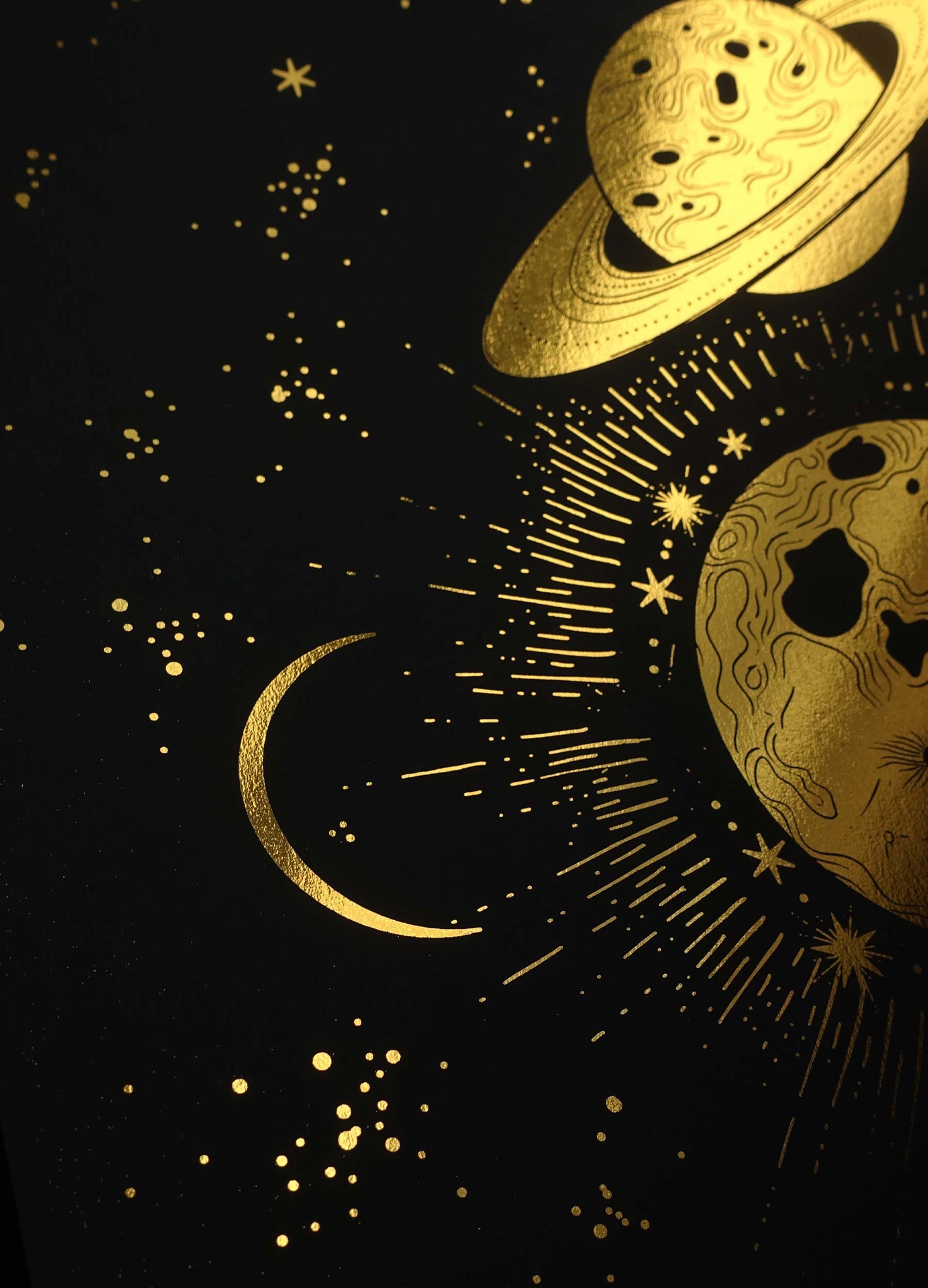 The Great Conjunction with Saturn and Jupiter and moon gold foil art print on black paper by Cocorrina & Co