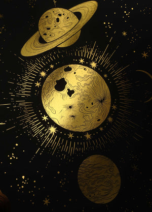 The Great Conjunction with Saturn and Jupiter and moon gold foil art print on black paper by Cocorrina & Co