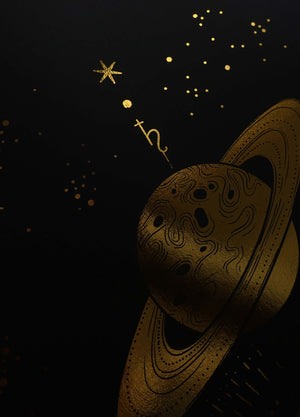 The Great Conjunction with Saturn and Jupiter and moon gold foil art print on black paper by Cocorrina & Co