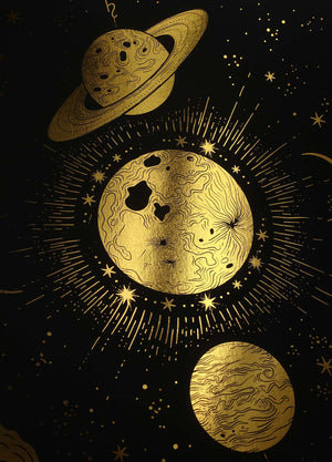 The Great Conjunction with Saturn and Jupiter and moon gold foil art print on black paper by Cocorrina & Co