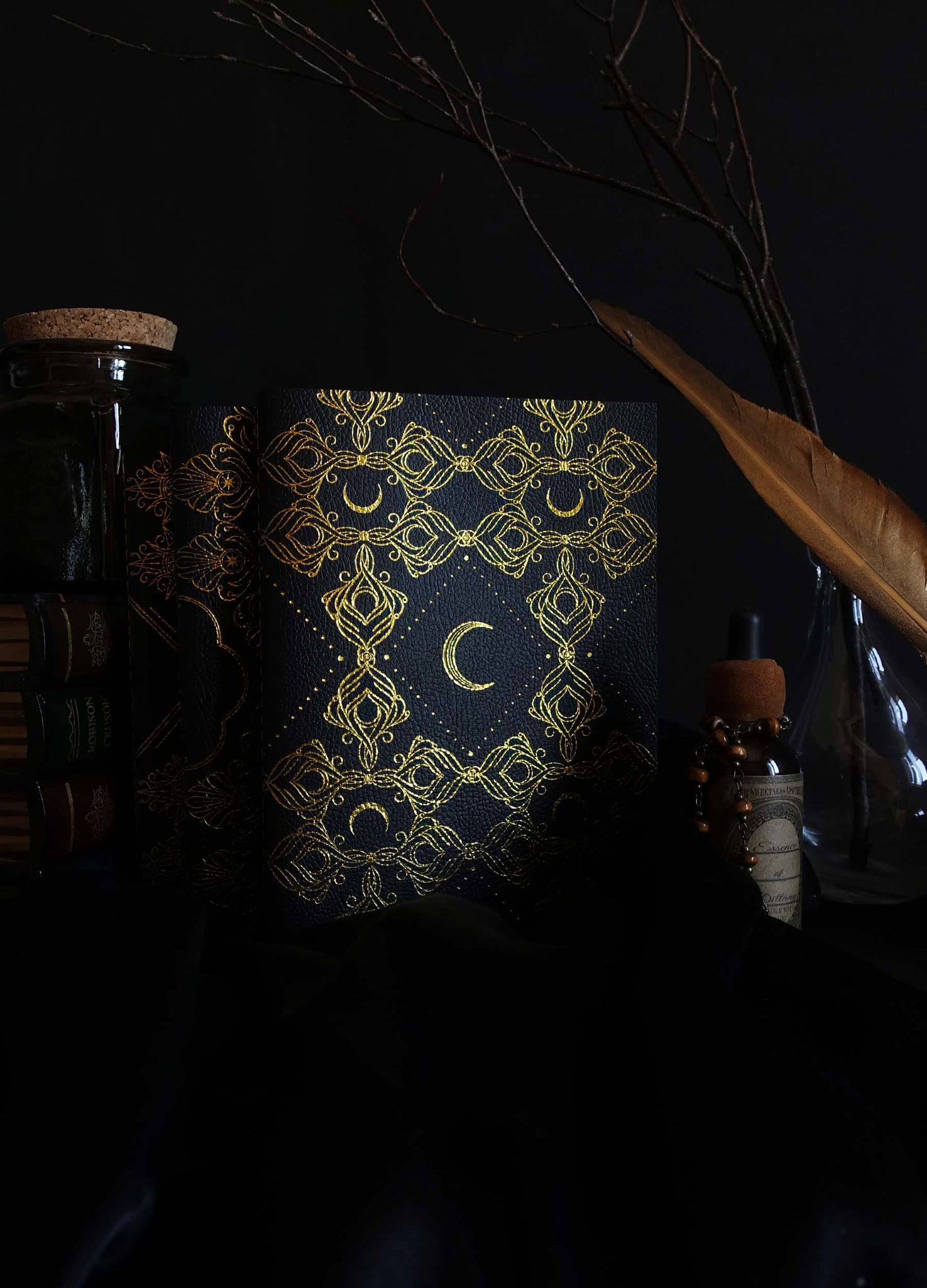 Black Leather Witchy journal with gold foil moon, star and sun - Bundle of Three journals, Moon, Star, Sun with dot, line and blank layout by Cocorrina & Co