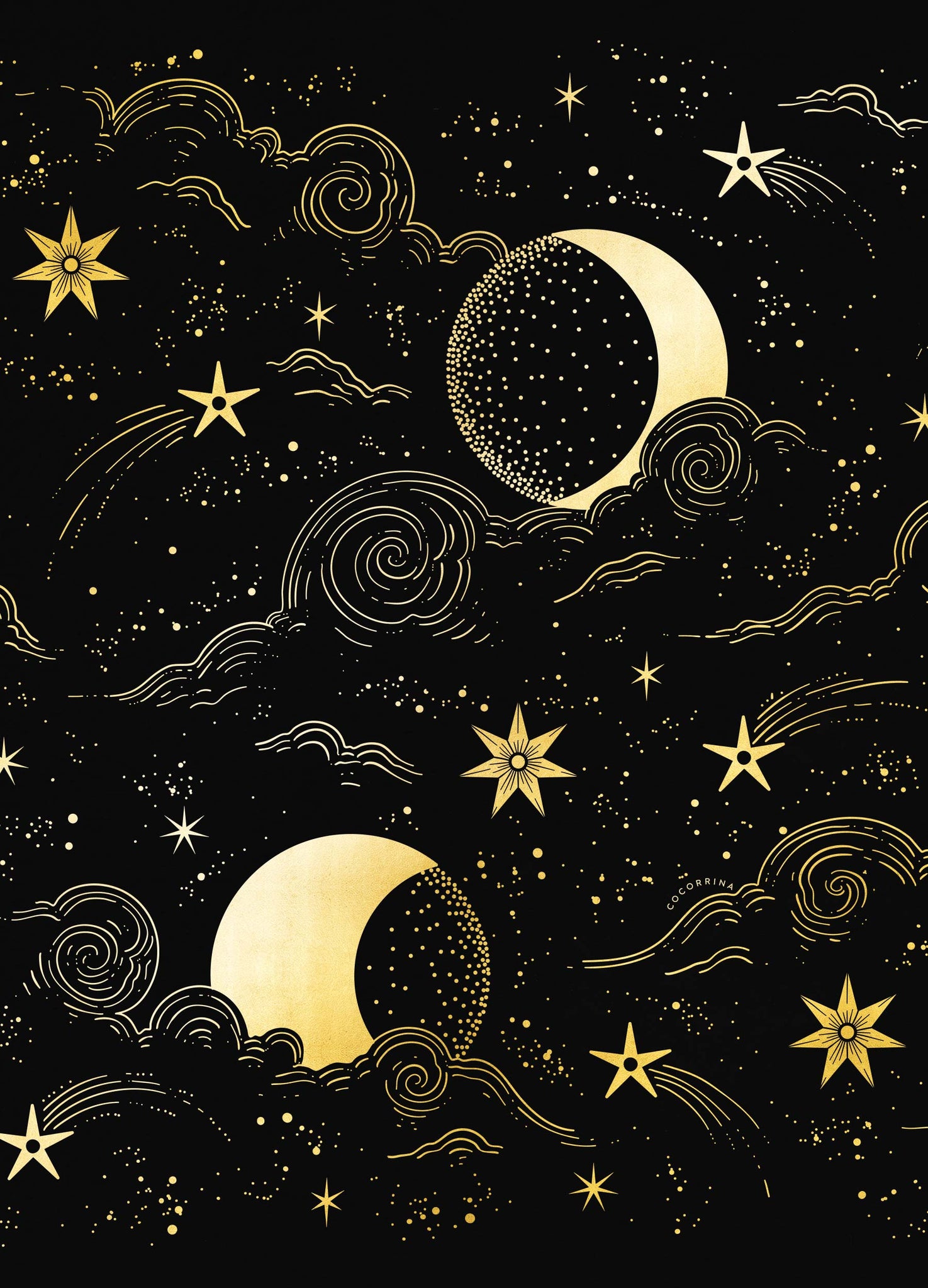 Moon Magic, with clouds and stars, night sky gold foil art print on black paper by Cocorrina & Co