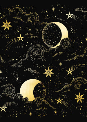 Moon Magic, with clouds and stars, night sky gold foil art print on black paper by Cocorrina & Co