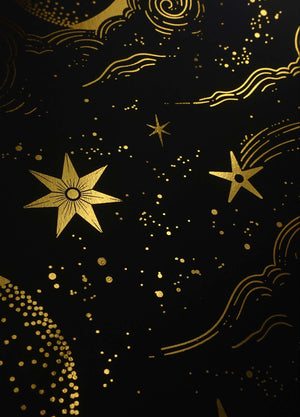 Moon Magic, with clouds and stars, night sky gold foil art print on black paper by Cocorrina & Co