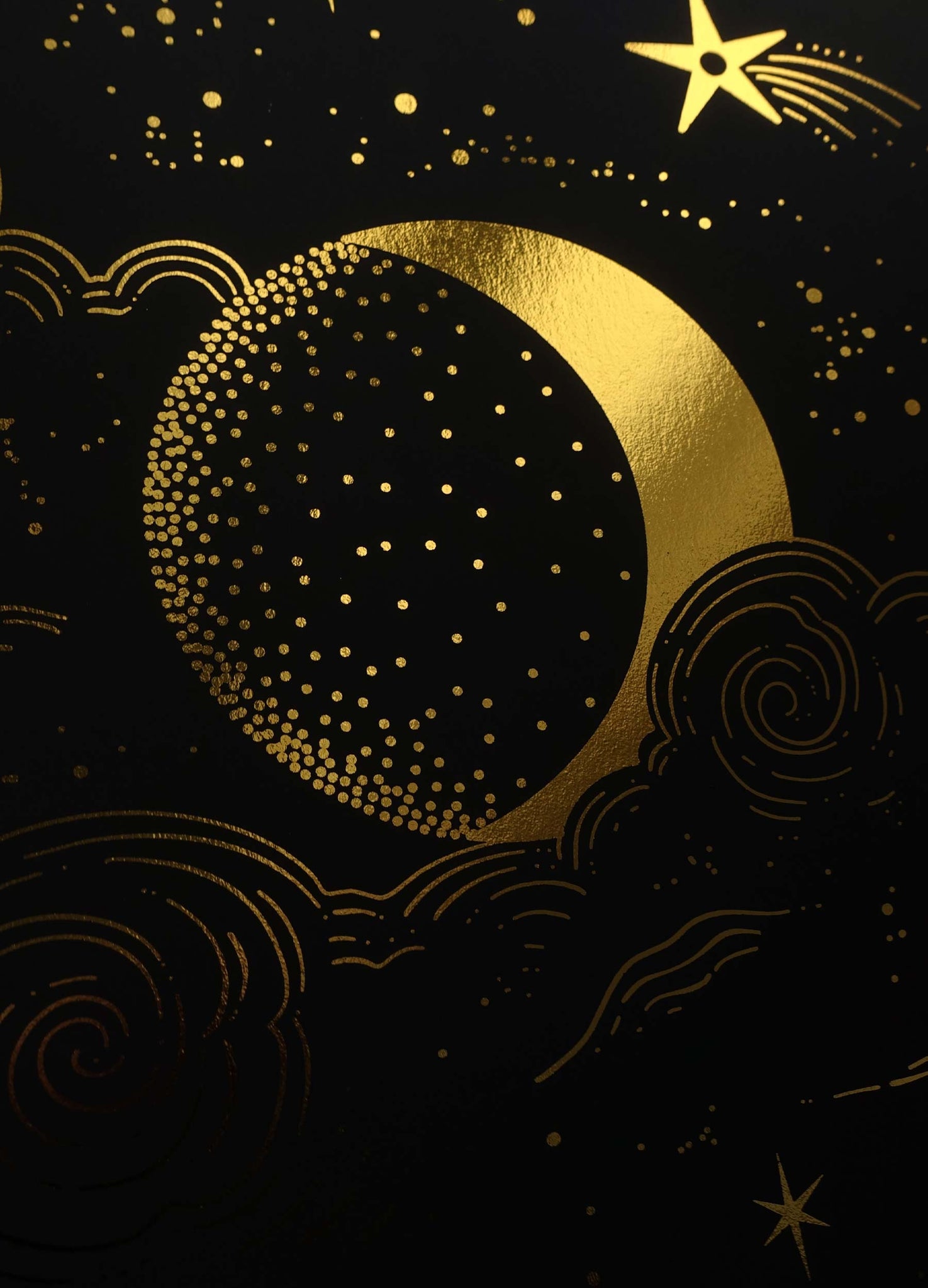 Moon Magic, with clouds and stars, night sky gold foil art print on black paper by Cocorrina & Co