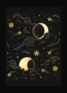 Moon Magic, with clouds and stars, night sky gold foil art print on black paper by Cocorrina & Co