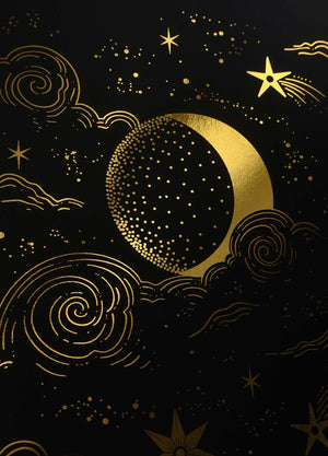 Moon Magic, with clouds and stars, night sky gold foil art print on black paper by Cocorrina & Co