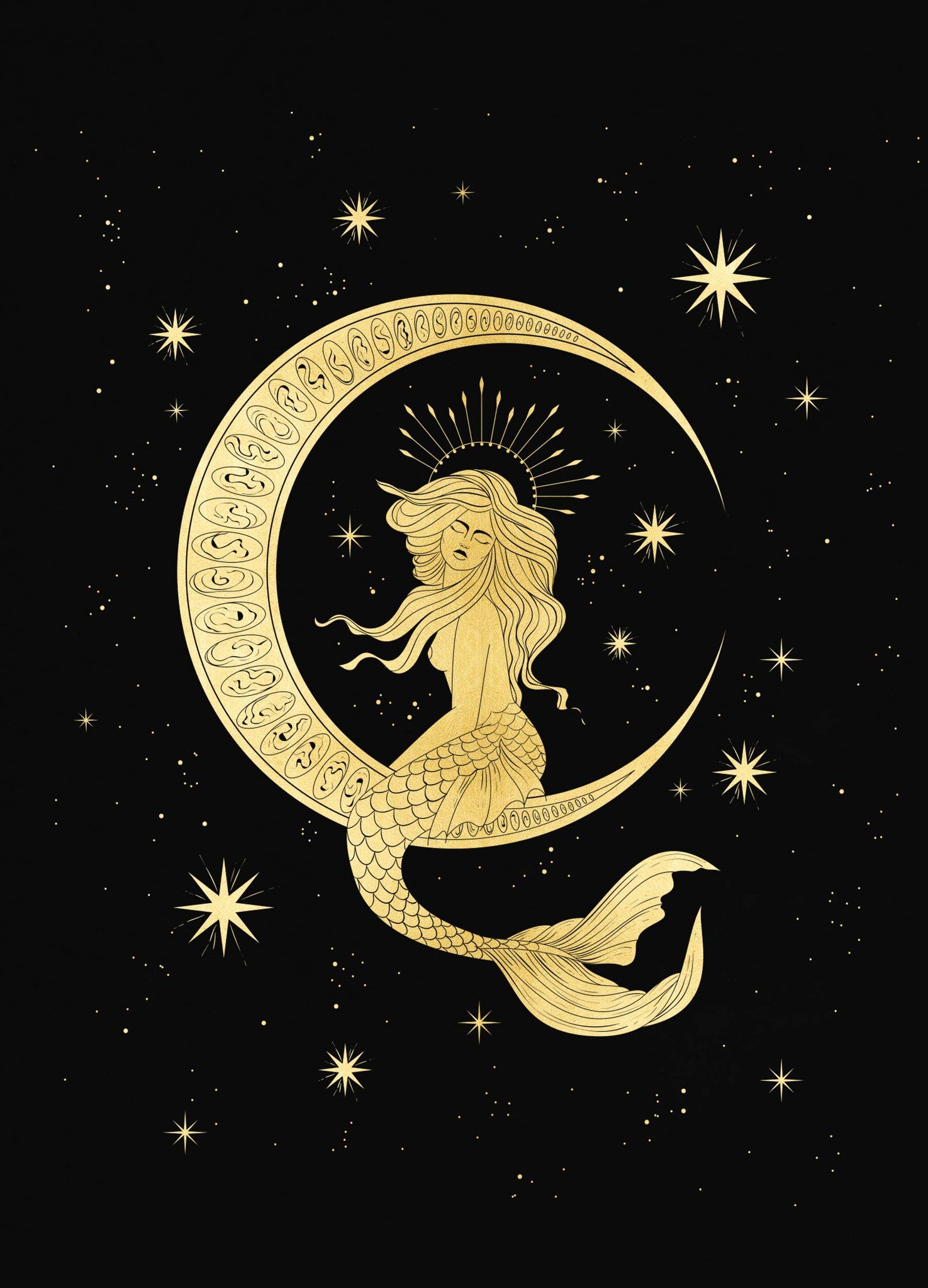 Queen moon mermaid gold foil print on black paper by Cocorrina & Co Shop and Design Studio