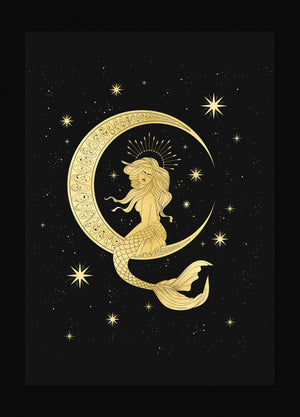 Queen moon mermaid gold foil print on black paper by Cocorrina & Co Shop and Design Studio