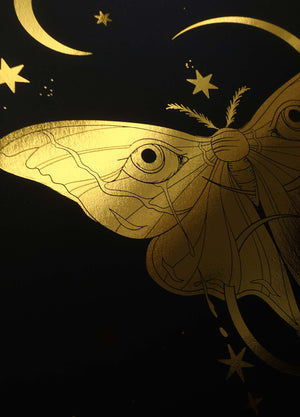 Moon Moth gold foil art print on black paper by Cocorrina & Co