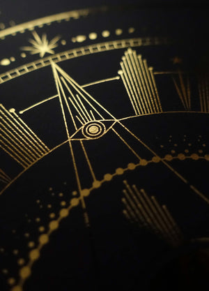 Moon Phase Totem art print in gold foil and black paper with stars and moon by Cocorrina