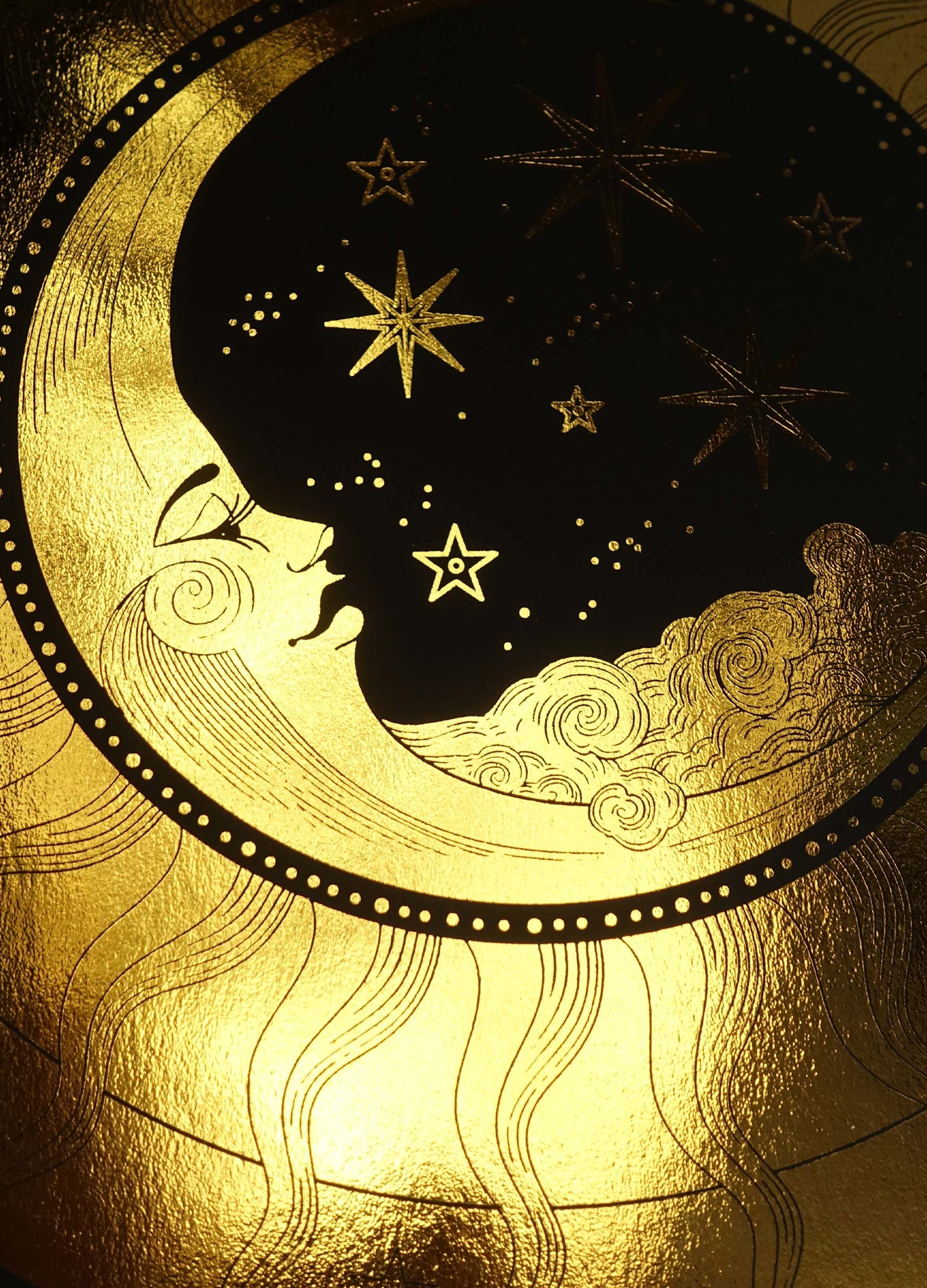 Moon Sky Disk gold foil on black paper art print by Cocorrina & Co