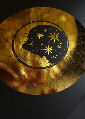 Moon Sky Disk gold foil on black paper art print by Cocorrina & Co