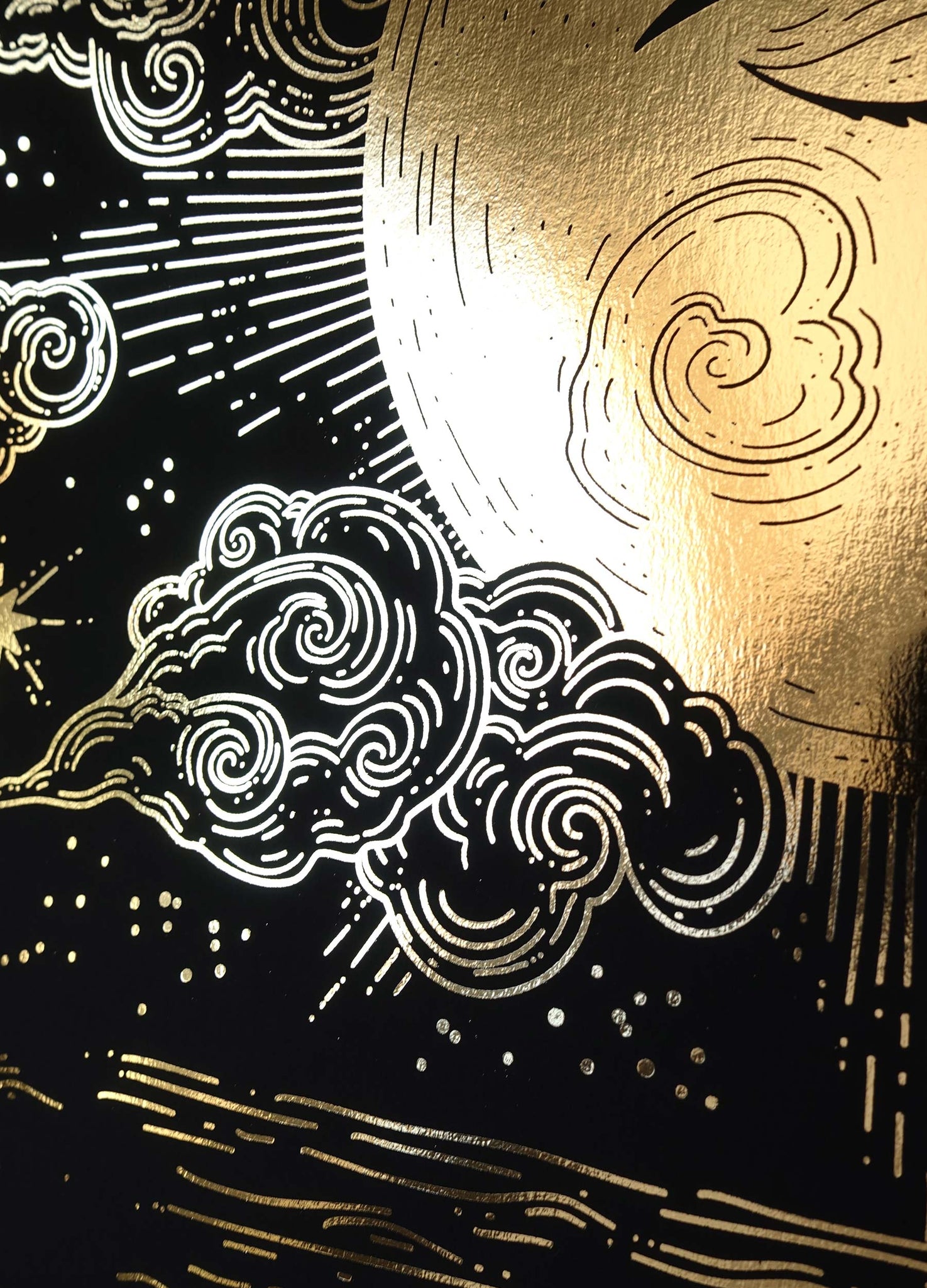 Moon watching over us gold foil print on black paper by Cocorrina & Co Shop