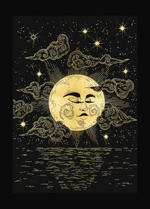 Moon watching over us gold foil print on black paper by Cocorrina & Co Shop