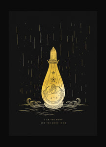 Moon water glass bottle gold foil on black paper art print by Cocorrina & Co