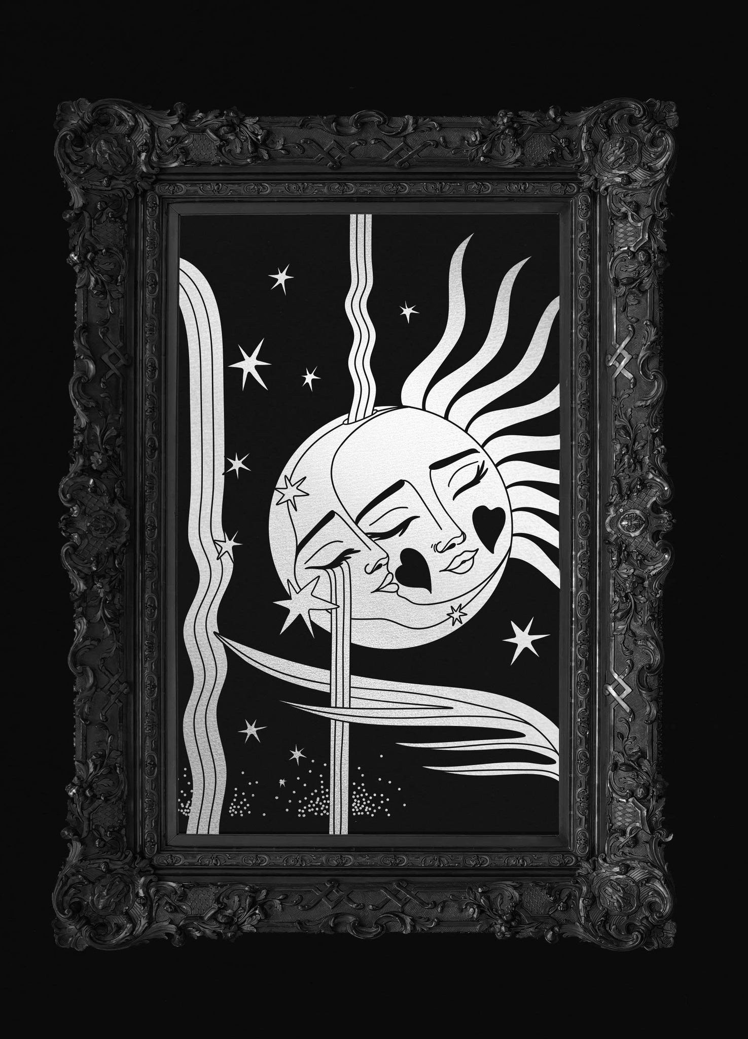 Moon Waterfall silver foil and blue foil print on black paper by Cocorrina & Co