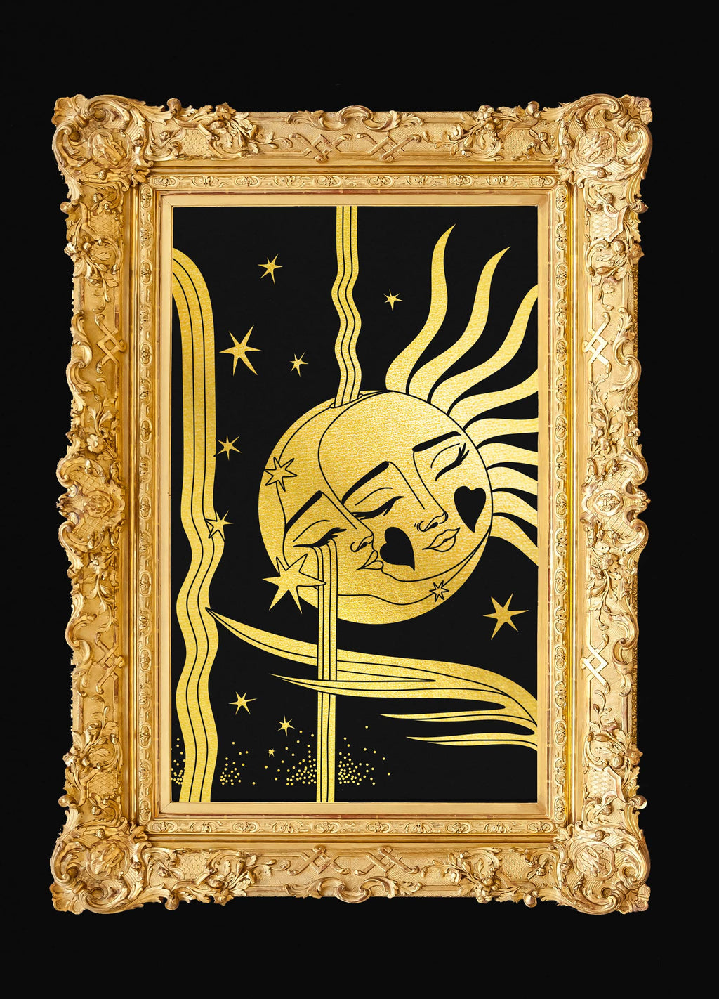 Moon Waterfall gold foil and blue foil print on black paper by Cocorrina & Co