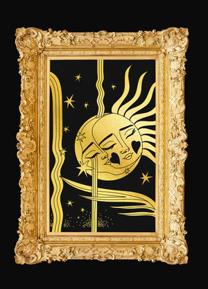 Moon Waterfall gold foil and blue foil print on black paper by Cocorrina & Co