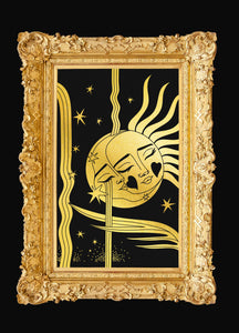 Moon Waterfall gold foil and blue foil print on black paper by Cocorrina & Co