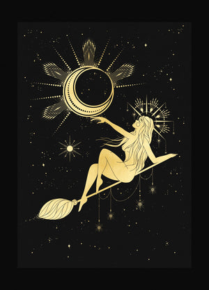 Moon Witch gold foil art print on black stock paper by Cocorrina & Design Studio & Shop