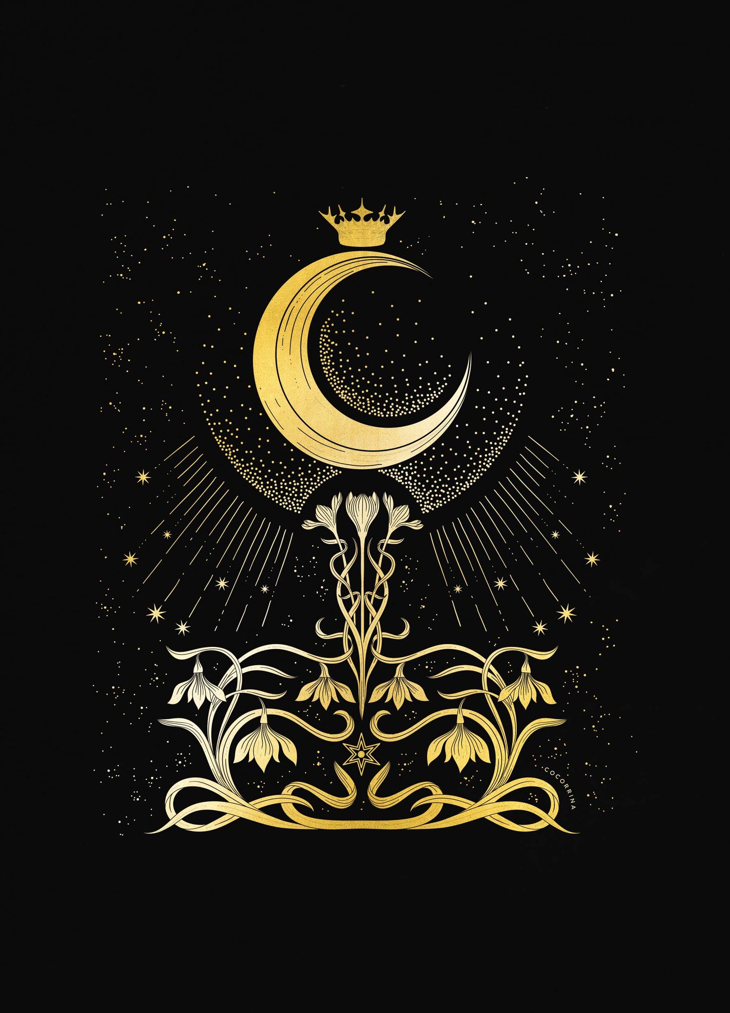 Moonlight Aroma, with flowers - the Lady of the Night Moon gold foil art print on black paper by Cocorrina & Co