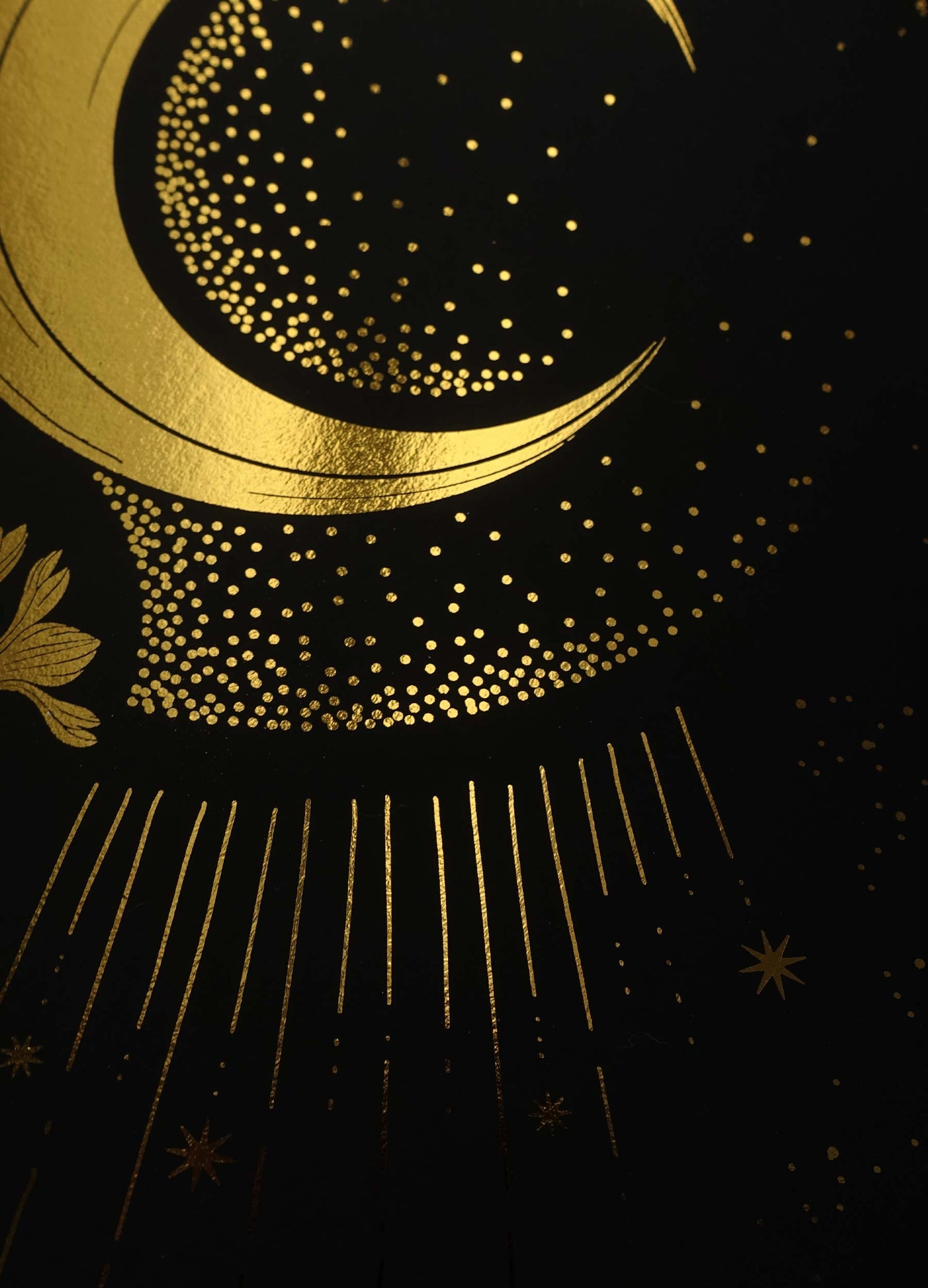 Moonlight Aroma, with flowers - the Lady of the Night Moon gold foil art print on black paper by Cocorrina & Co