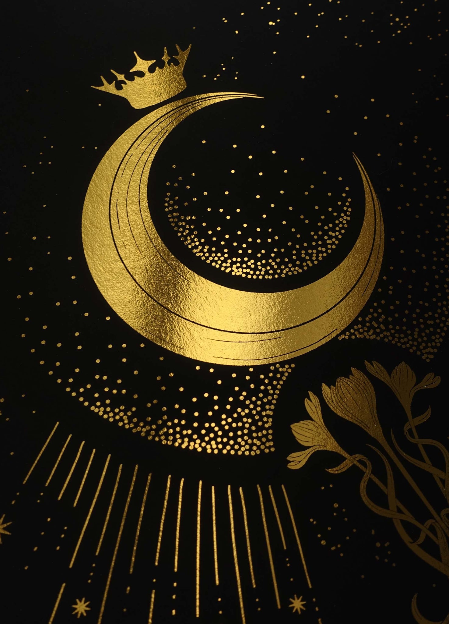 Moonlight Aroma, with flowers - the Lady of the Night Moon gold foil art print on black paper by Cocorrina & Co