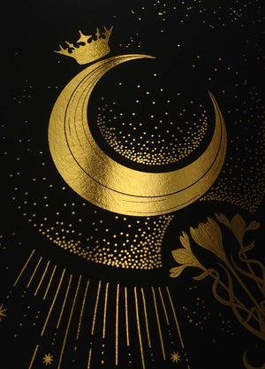 Moonlight Aroma, with flowers - the Lady of the Night Moon gold foil art print on black paper by Cocorrina & Co