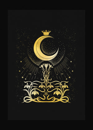 Moonlight Aroma, with flowers - the Lady of the Night Moon gold foil art print on black paper by Cocorrina & Co