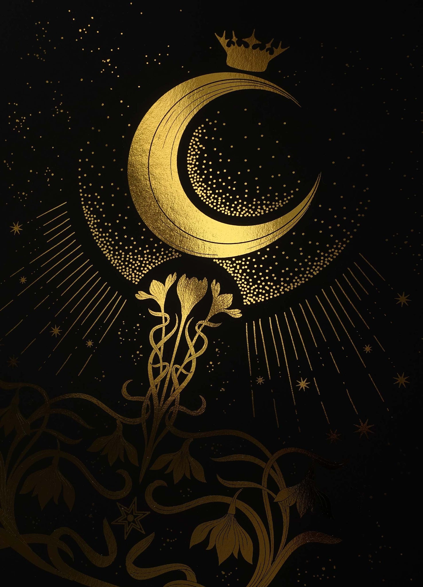 Moonlight Aroma, with flowers - the Lady of the Night Moon gold foil art print on black paper by Cocorrina & Co