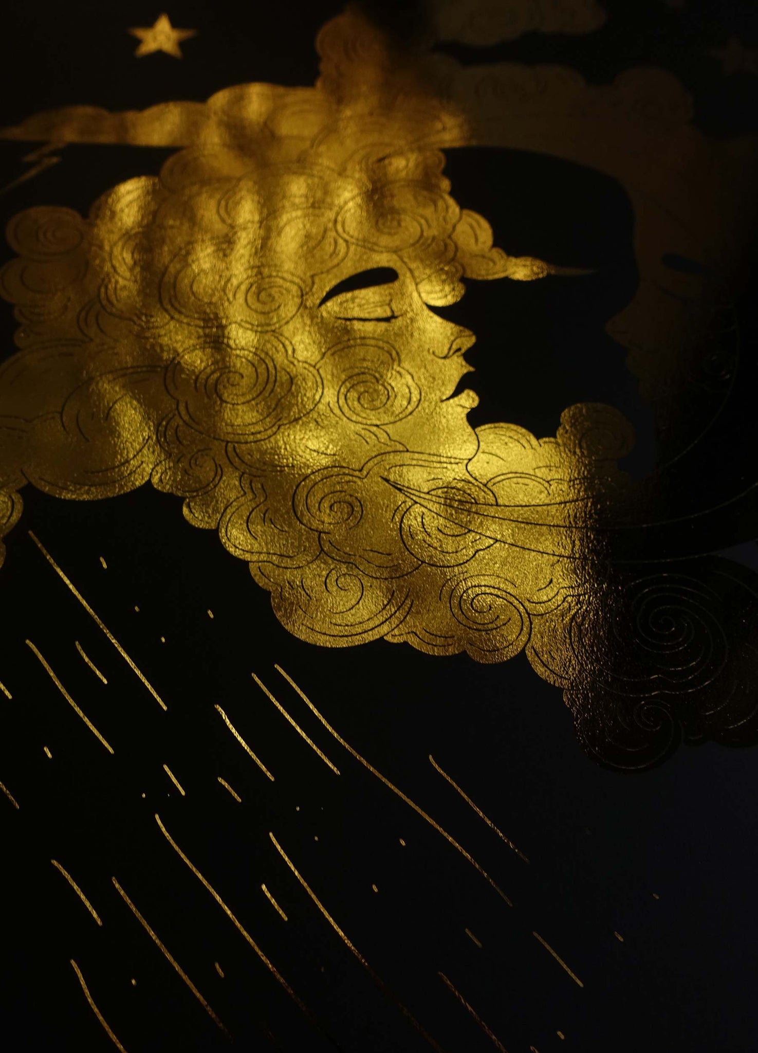 Moonlight and Rain gold foil on black paper art print by Cocorrina & Co