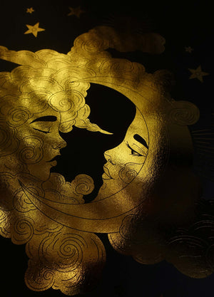 Moonlight and Rain gold foil on black paper art print by Cocorrina & Co