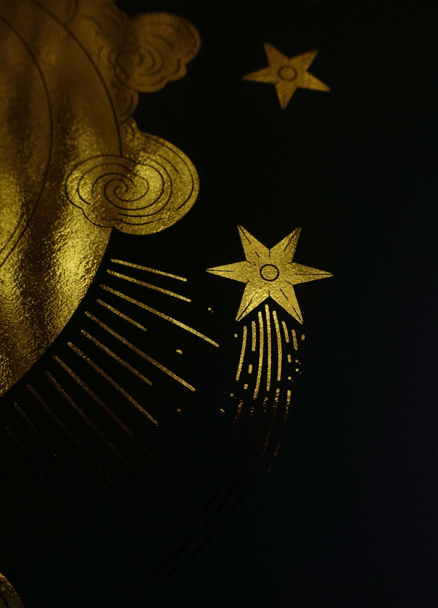 Moonlight and Rain gold foil on black paper art print by Cocorrina & Co