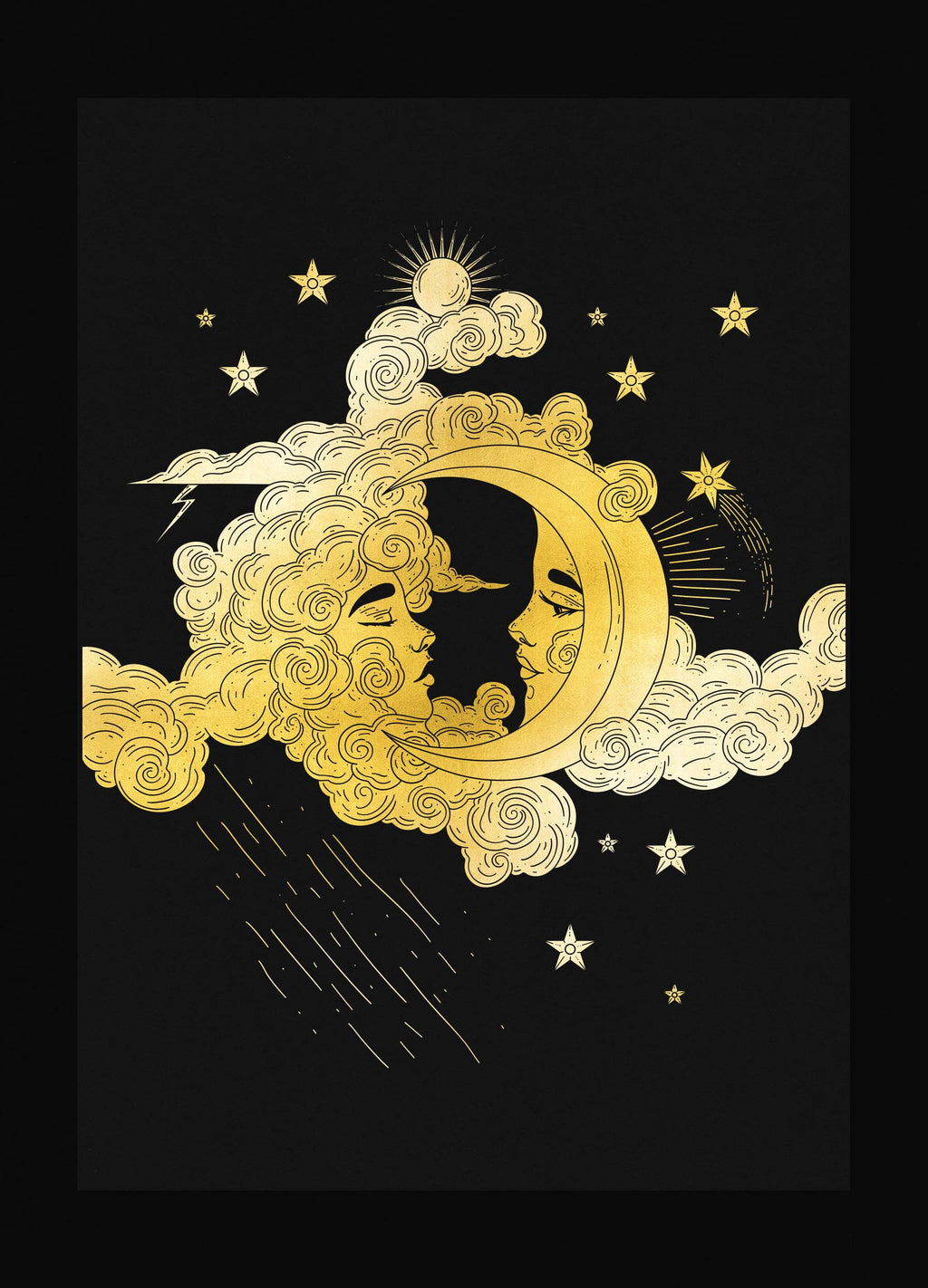 Moonlight and Rain gold foil on black paper art print by Cocorrina & Co