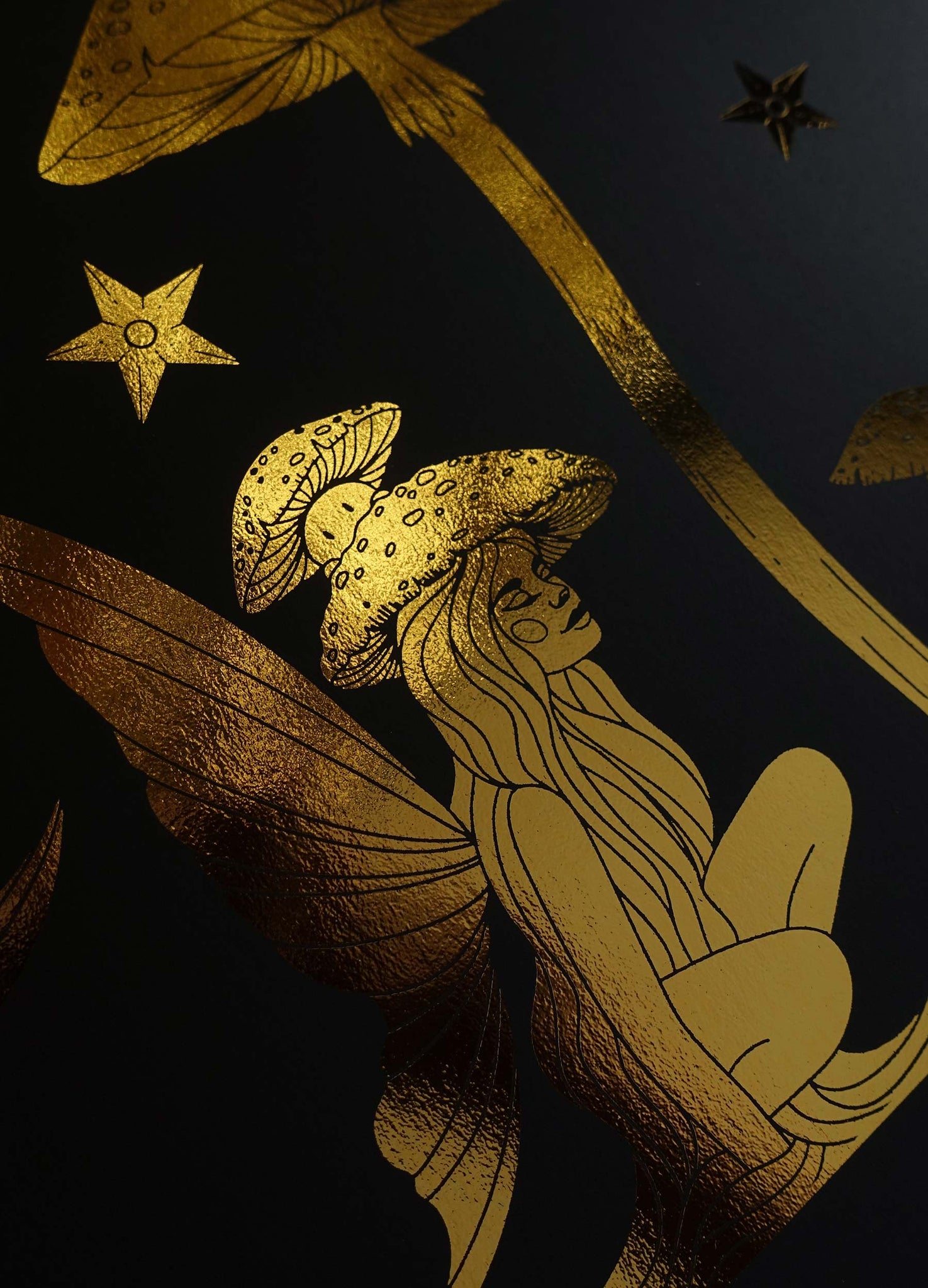 Mushroom Fairy gold foil on black paper art print by Cocorrina & Co