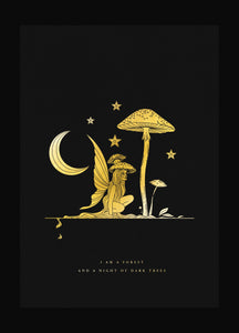 Mushroom Fairy gold foil on black paper art print by Cocorrina & Co