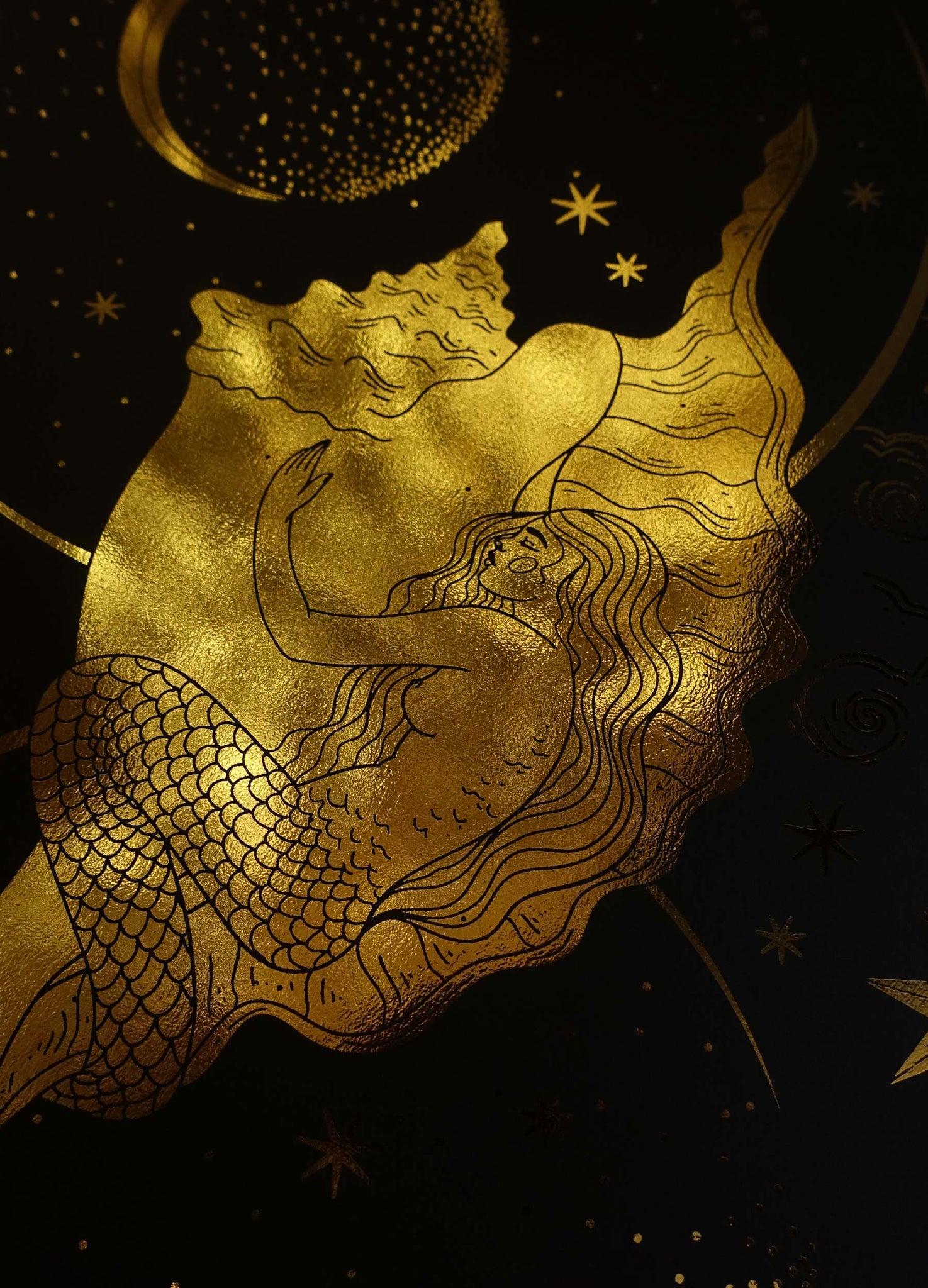 Music of the Universe, mermaid with a seashell gold foil on black paper art print by Cocorrina & Co