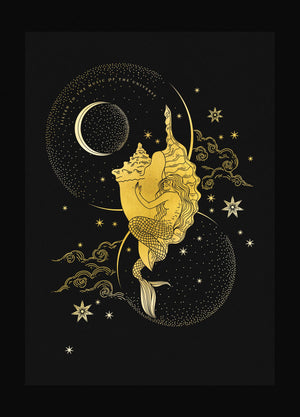 Music of the Universe, mermaid with a seashell gold foil on black paper art print by Cocorrina & Co