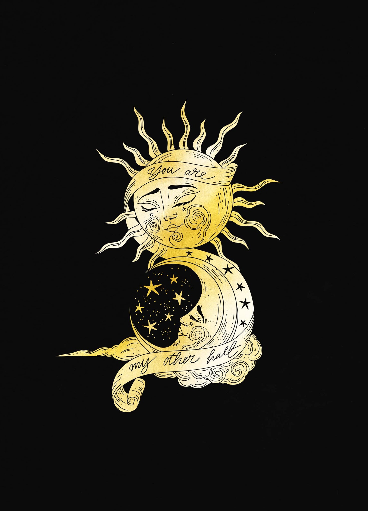 Sun Moon soulmates, gold foil art print on black paper by Cocorrina  & Co