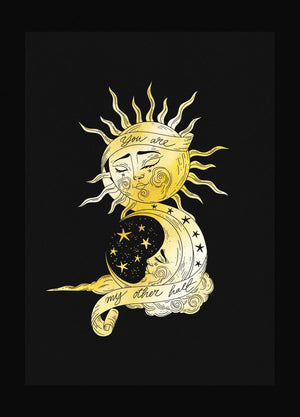 Sun Moon soulmates, gold foil art print on black paper by Cocorrina  & Co