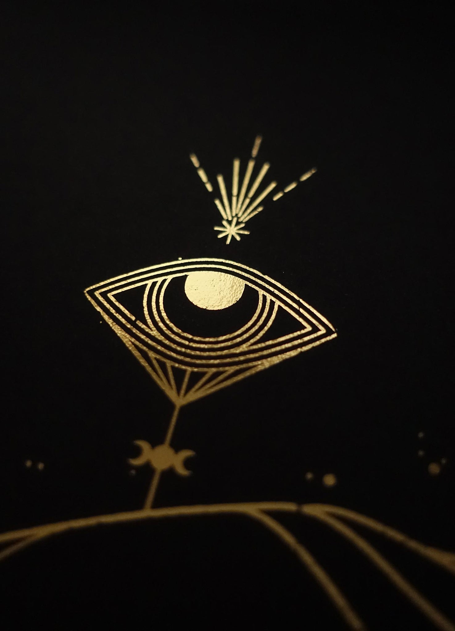 New Moon hands art print in gold foil and black paper with stars and moon by Cocorrina
