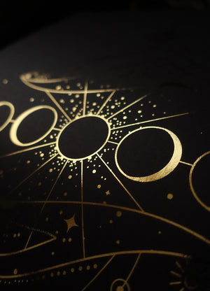 New Moon hands art print in gold foil and black paper with stars and moon by Cocorrina
