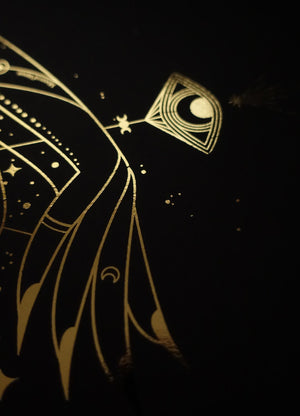New Moon hands art print in gold foil and black paper with stars and moon by Cocorrina