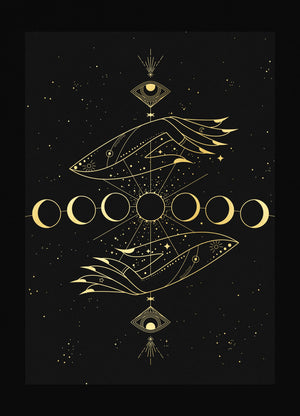 New Moon hands art print in gold foil and black paper with stars and moon by Cocorrina