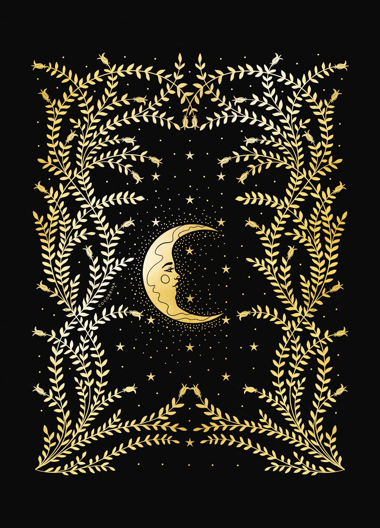 Night botanical forest gold foil art print on black paper by Cocorrina & Co